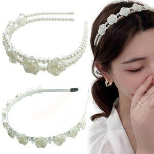 2PCS Rose Flower Pearl Metal Headbands,White Floral Hair Accessory,Wedding Headp